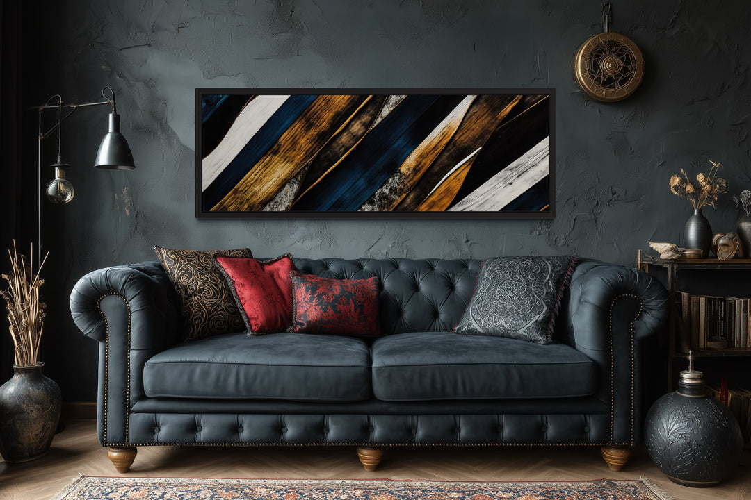 Navy Blue And Gold Long Horizontal Narrow Modern Rustic Framed Canvas Wall Art