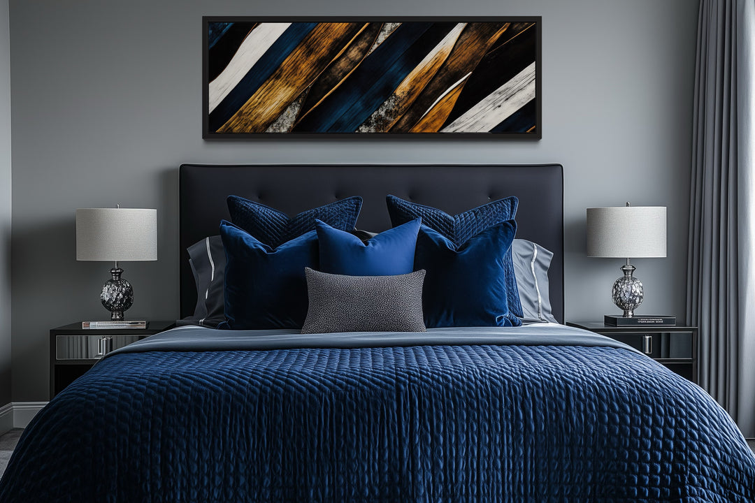 Navy Blue And Gold Long Horizontal Narrow Modern Rustic Framed Canvas Wall Art