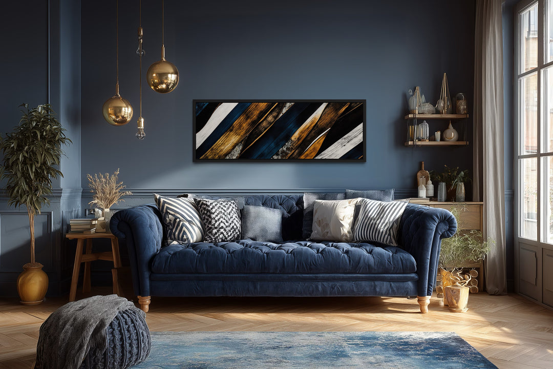 Navy Blue And Gold Long Horizontal Narrow Modern Rustic Framed Canvas Wall Art