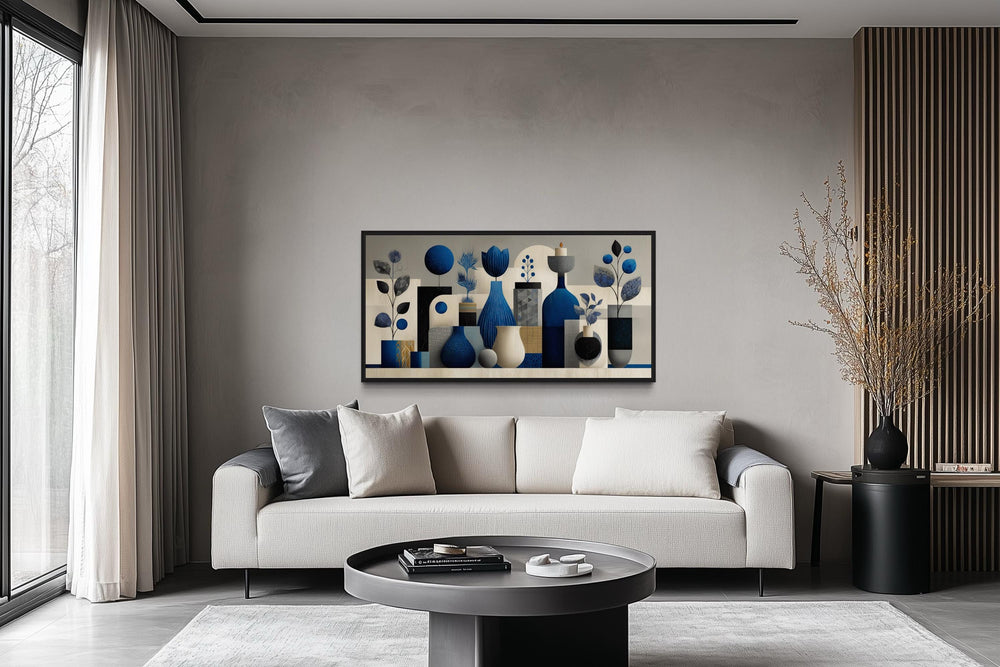 Navy Blue Beige Abstract Vases Framed Canvas Wall Art For Living Room