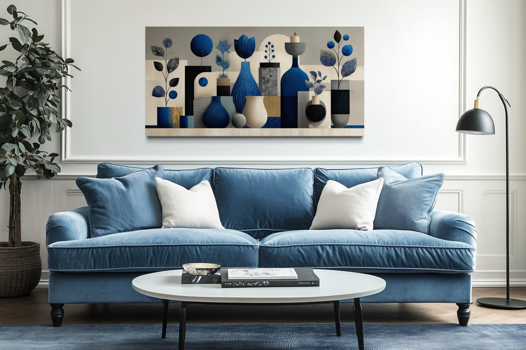 Navy Blue Beige Abstract Vases Framed Canvas Wall Art For Living Room
