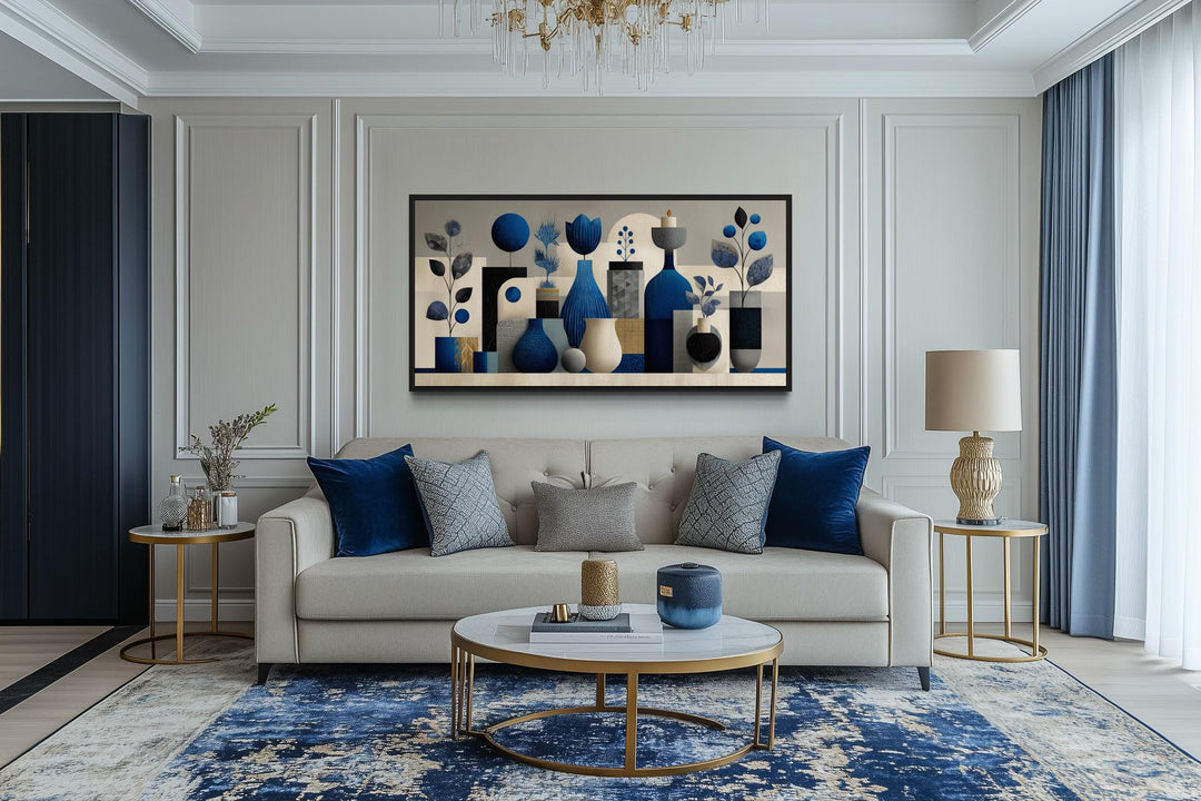 Navy Blue Beige Abstract Vases Framed Canvas Wall Art For Living Room
