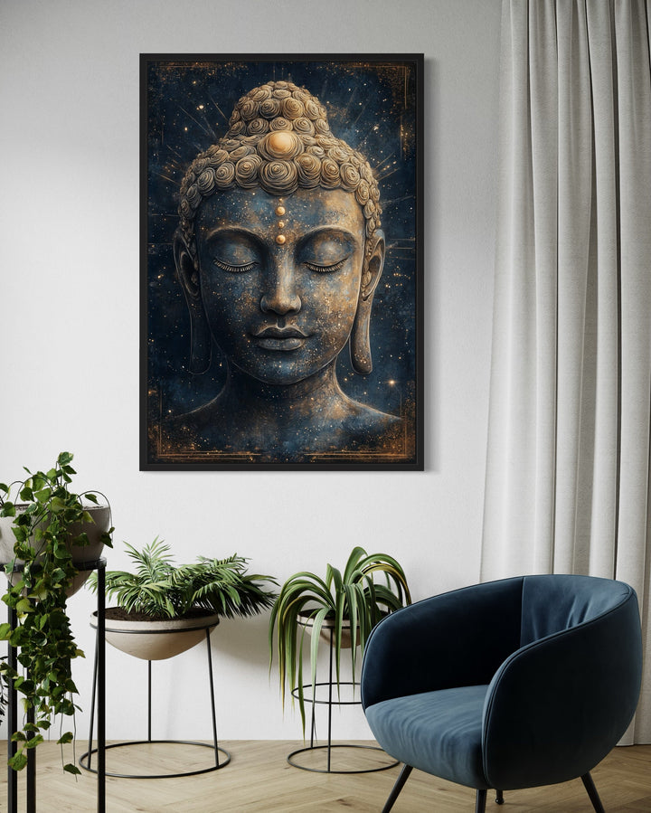 Navy Blue Buddha Statue Zen Cosmic Framed Canvas Wall Art