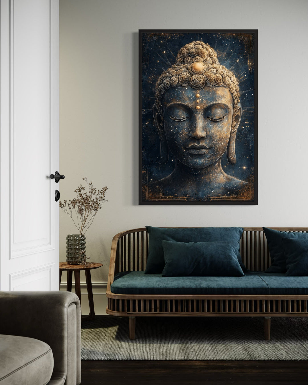 Navy Blue Buddha Statue Zen Cosmic Framed Canvas Wall Art