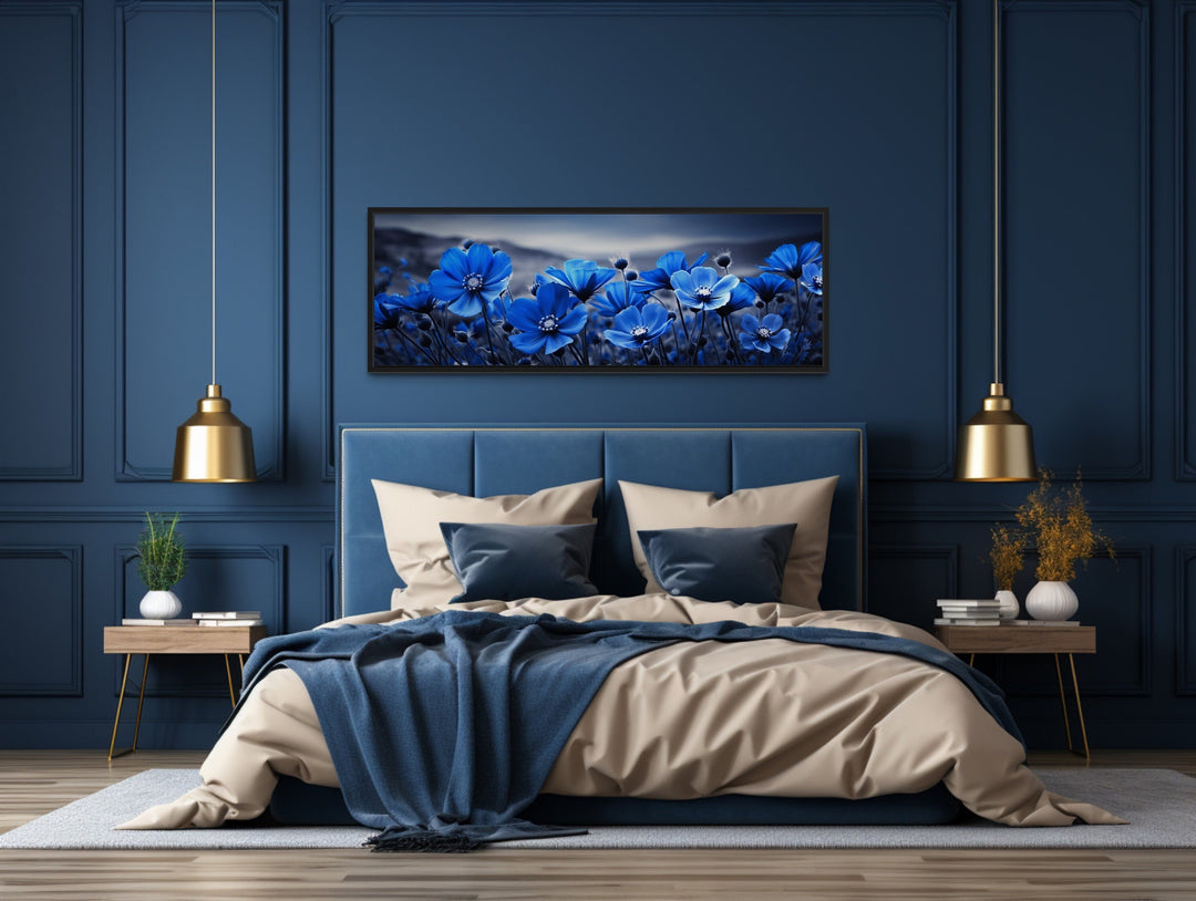 Navy Blue Flowers On Black Background Horizontal Framed Canvas Wall Art