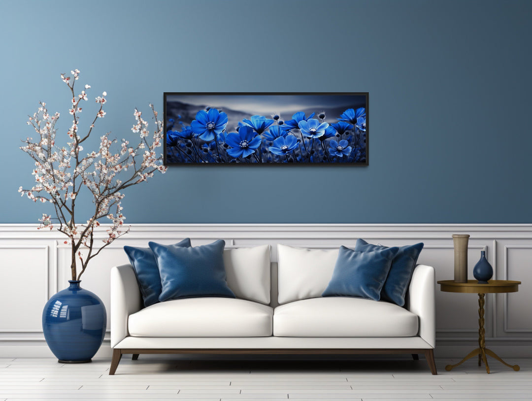 Navy Blue Flowers On Black Background Horizontal Framed Canvas Wall Art