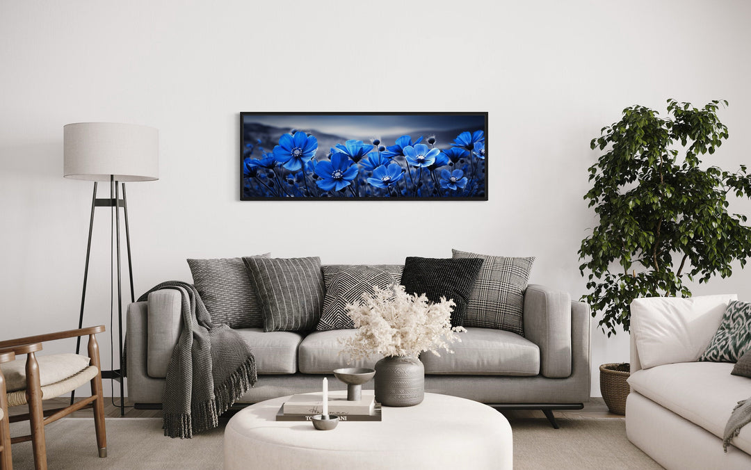 Navy Blue Flowers On Black Background Horizontal Framed Canvas Wall Art