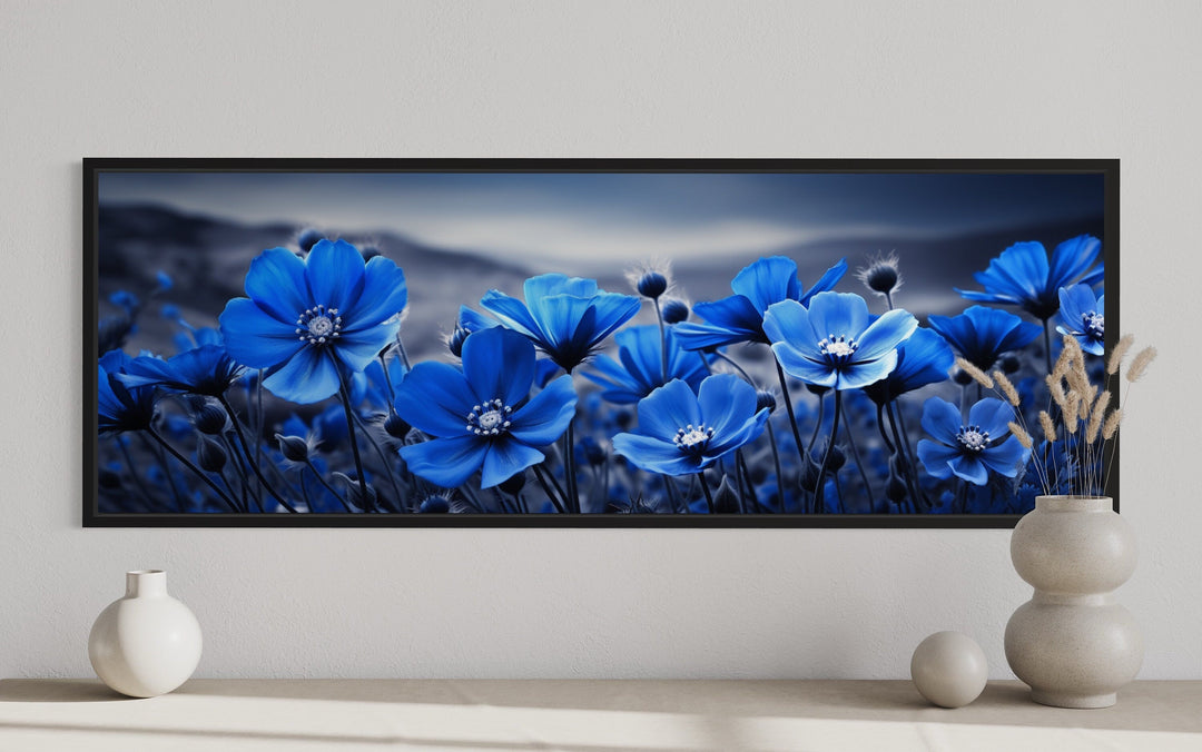 Navy Blue Flowers On Black Background Horizontal Framed Canvas Wall Art