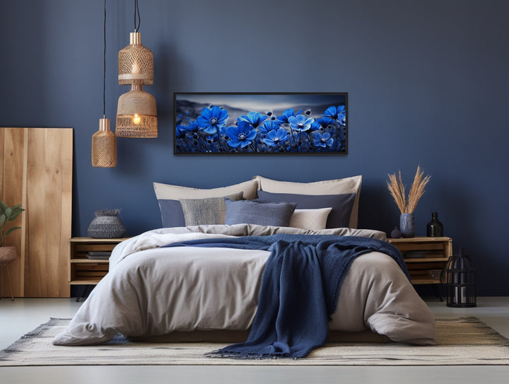 Navy Blue Flowers On Black Background Horizontal Framed Canvas Wall Art