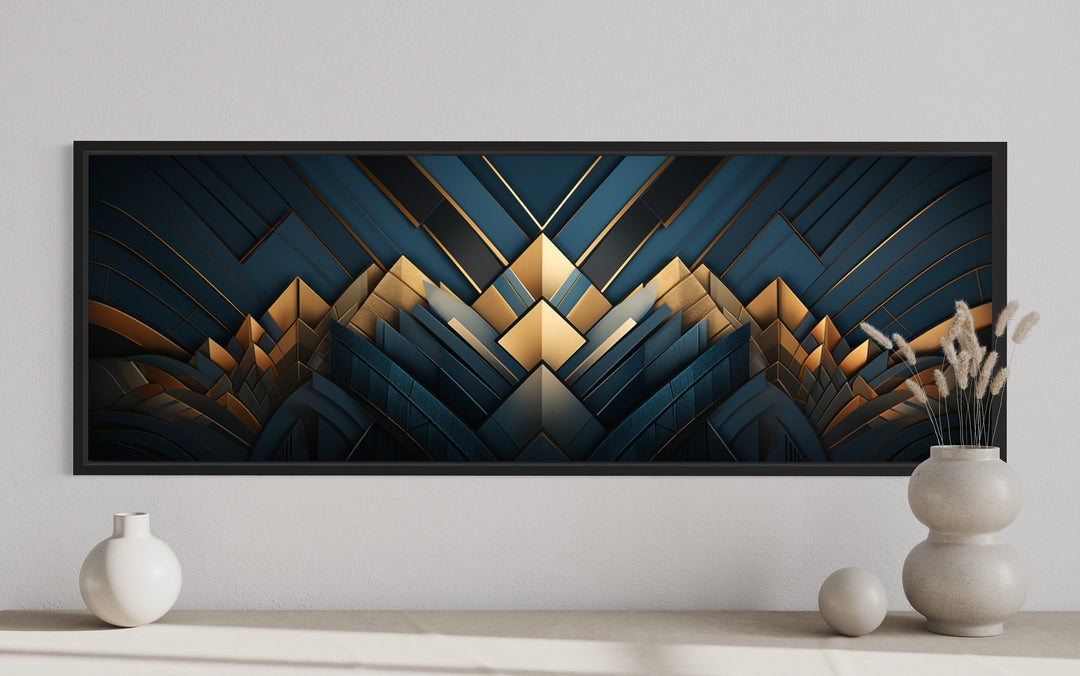 Navy Blue Gold Art Deco Panoramic Painting Framed Canvas Wall Art