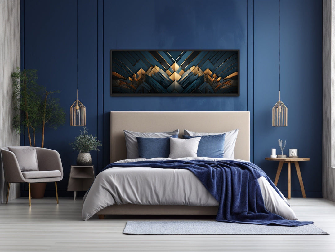 Navy Blue Gold Art Deco Panoramic Painting Framed Canvas Wall Art