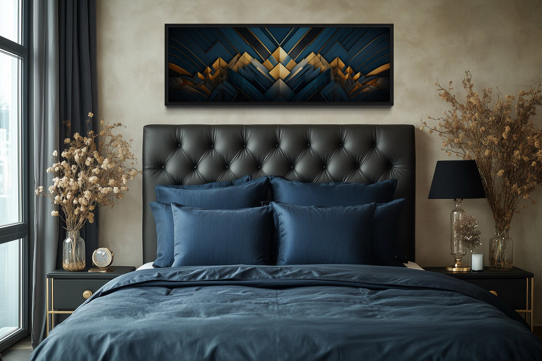 Navy Blue Gold Art Deco Panoramic Painting Framed Canvas Wall Art