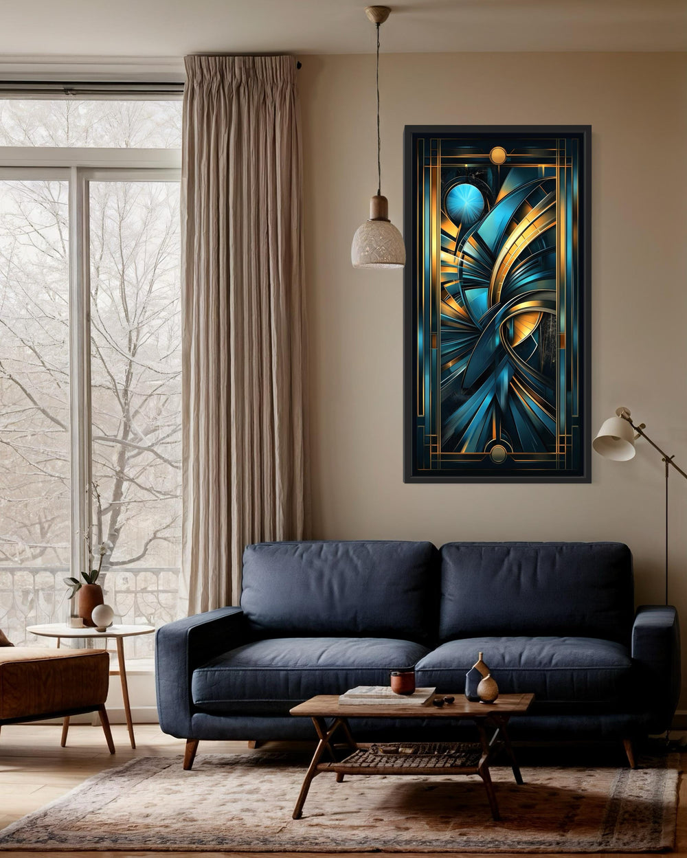 Navy Blue Gold Long Vertical Art Deco Framed Wall Art