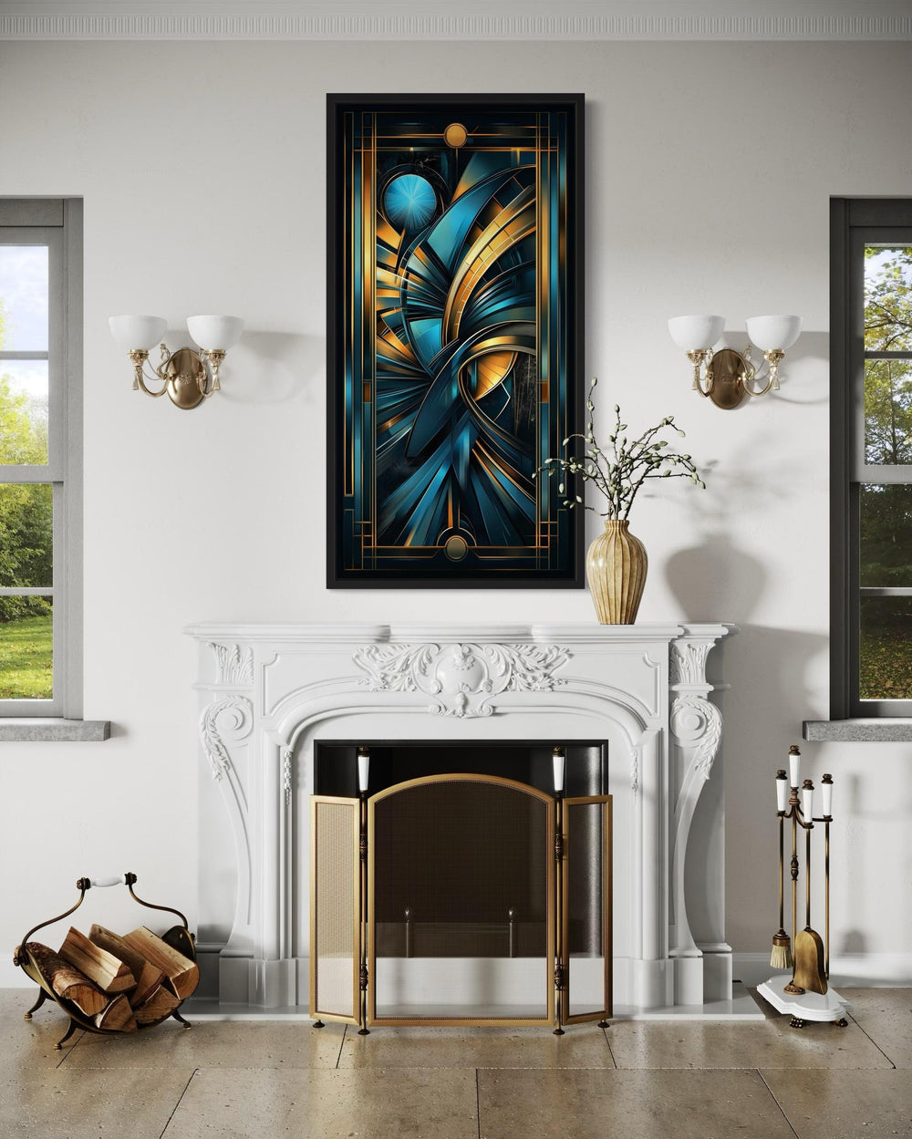 Navy blue and gold vertical art deco framed wall art hanging above a white fireplace mantel.