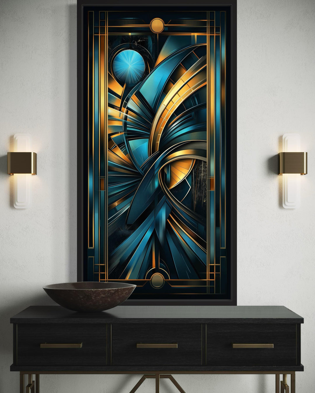 Navy Blue Gold Long Vertical Art Deco Framed Wall Art