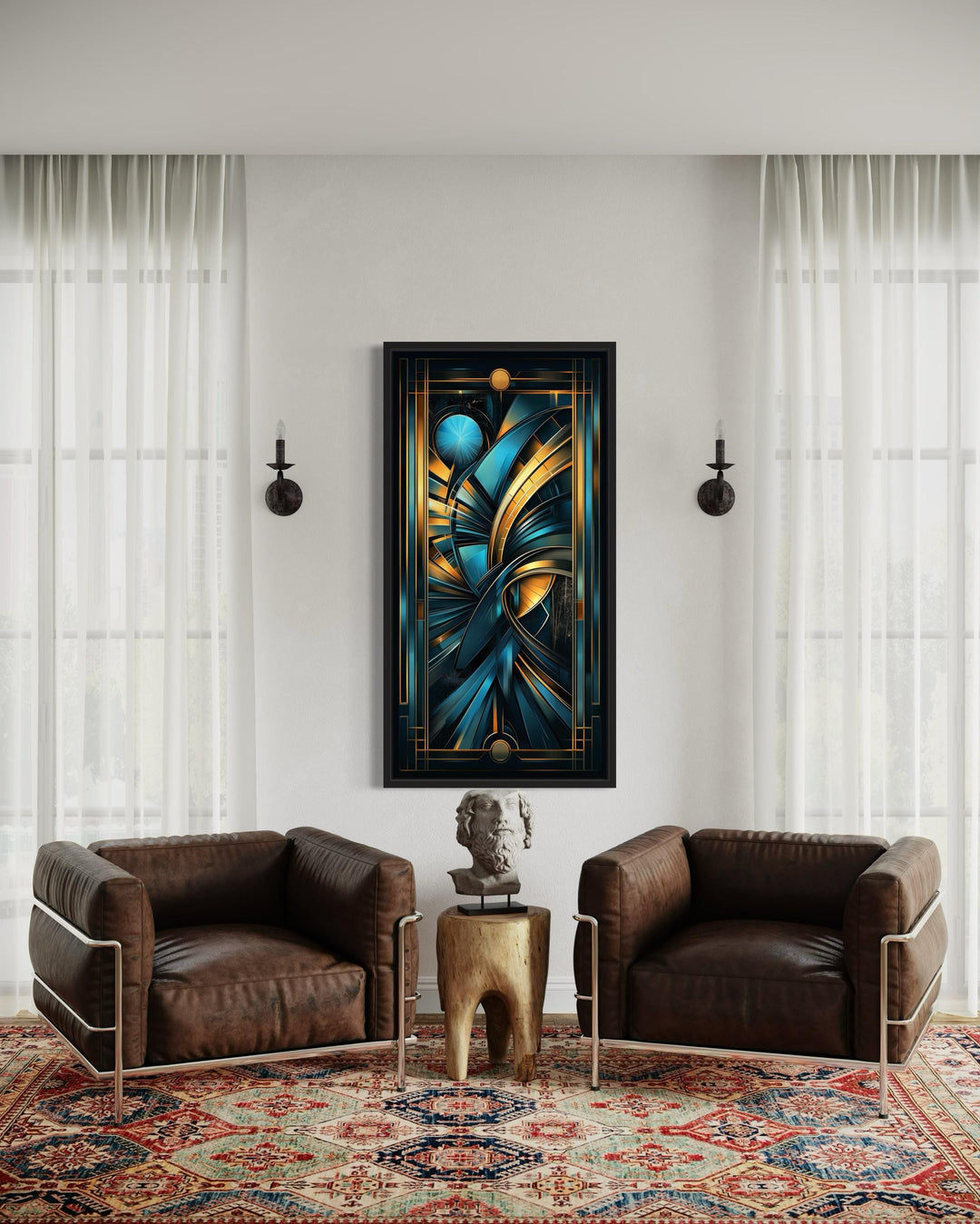 Navy Blue Gold Long Vertical Art Deco Framed Wall Art