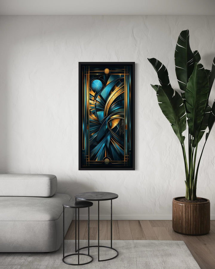 Navy Blue Gold Long Vertical Art Deco Framed Wall Art