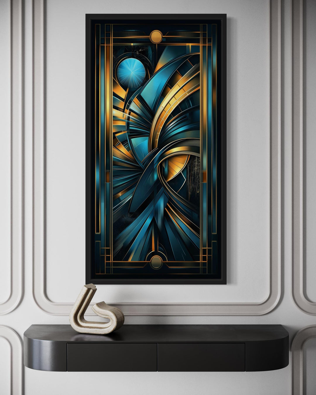 Navy Blue Gold Long Vertical Art Deco Framed Wall Art