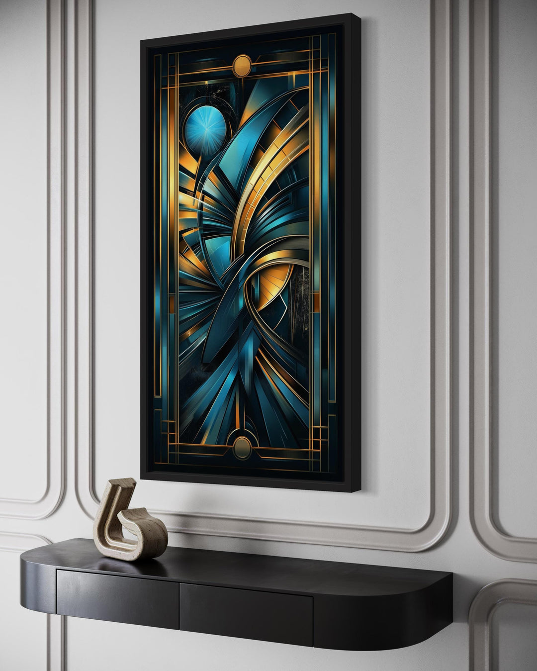 Navy Blue Gold Long Vertical Art Deco Framed Wall Art