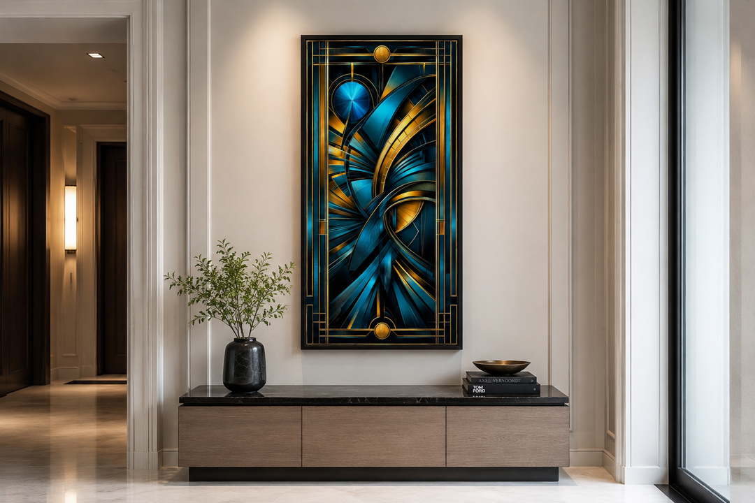 Navy blue and gold vertical art deco framed wall art with geometric patterns above a wooden console.
