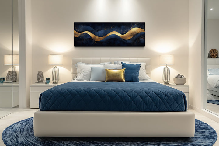 Navy Blue Gold Luxury Modern Abstract Above Bed Canvas Wall Art