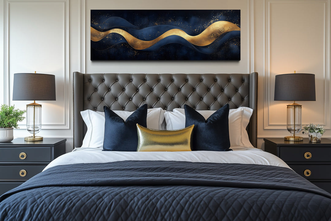 Navy Blue Gold Luxury Modern Abstract Above Bed Canvas Wall Art