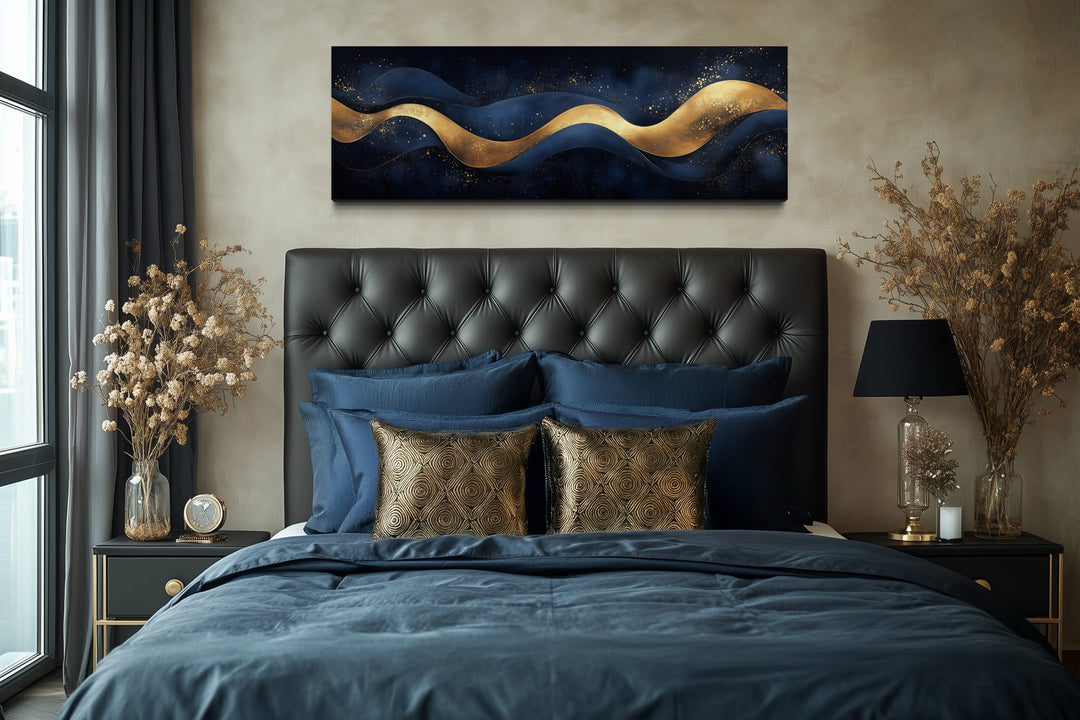 Navy Blue Gold Luxury Modern Abstract Above Bed Canvas Wall Art