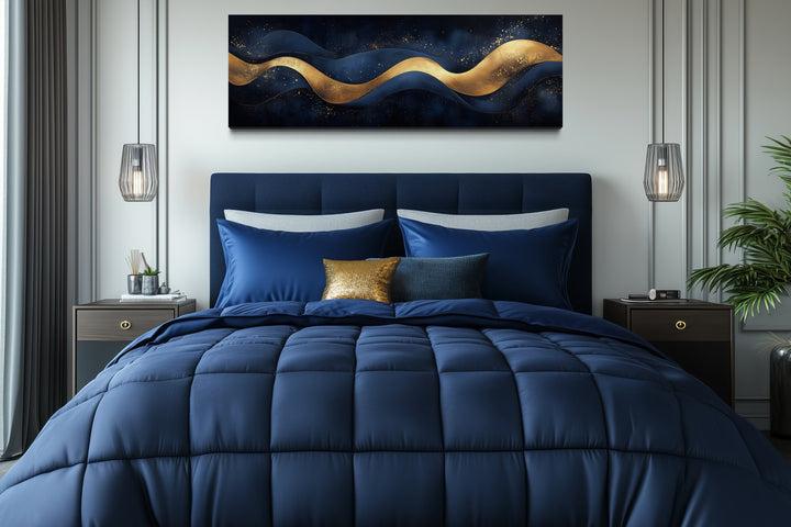 Navy Blue Gold Luxury Modern Abstract Above Bed Canvas Wall Art