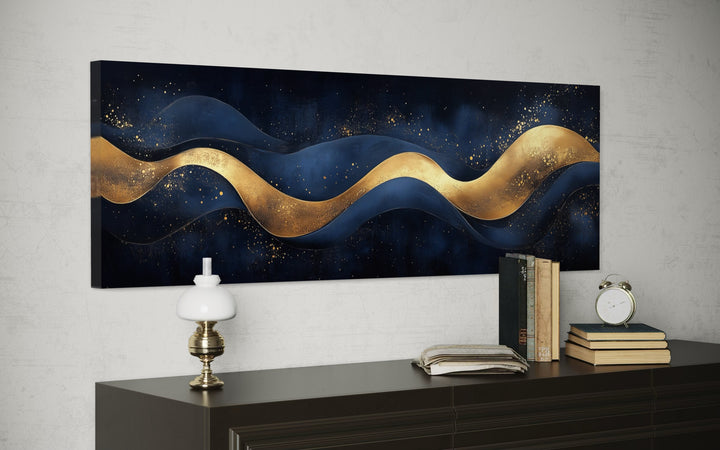 Navy Blue Gold Luxury Modern Abstract Above Bed Canvas Wall Art