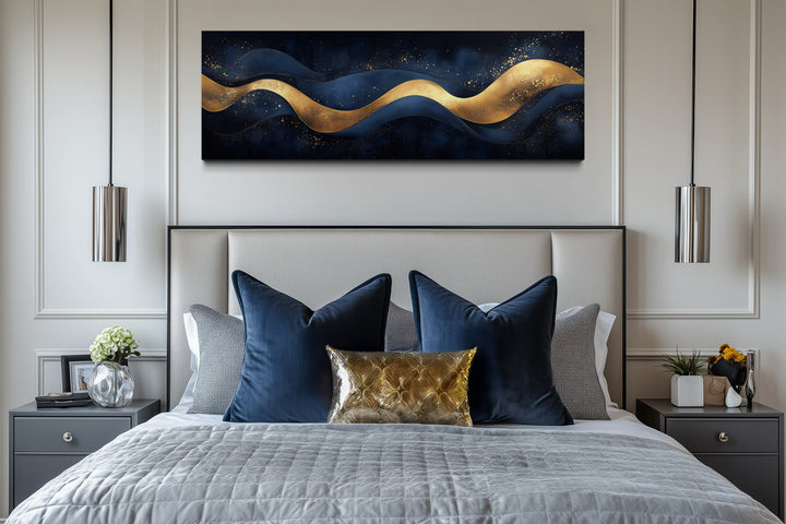 Navy Blue Gold Luxury Modern Abstract Above Bed Canvas Wall Art