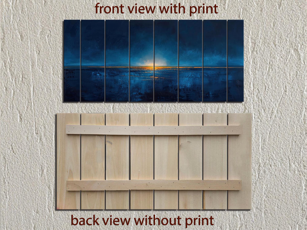 Navy Blue Gold Ocean Sunset Nautical Distressed Wood Wall Art