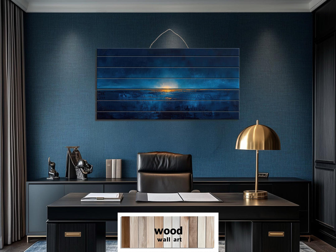 Navy Blue Gold Ocean Sunset Nautical Distressed Wood Wall Art