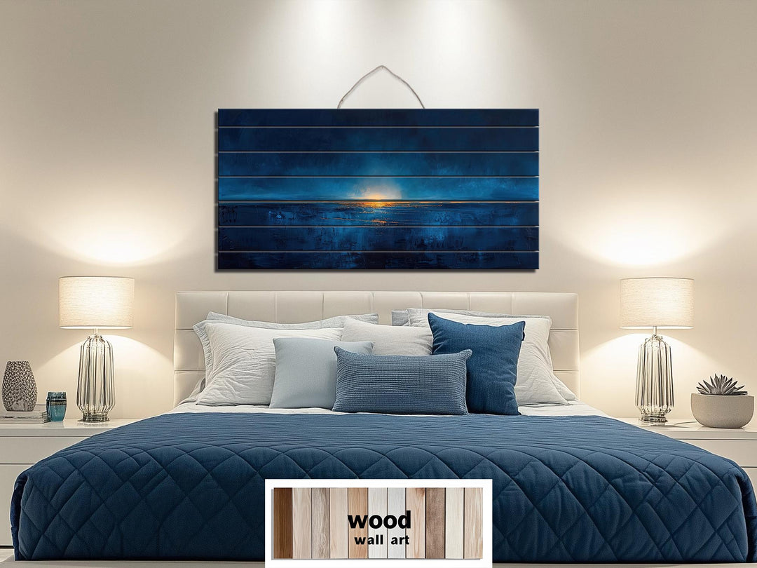 Navy Blue Gold Ocean Sunset Nautical Distressed Wood Wall Art