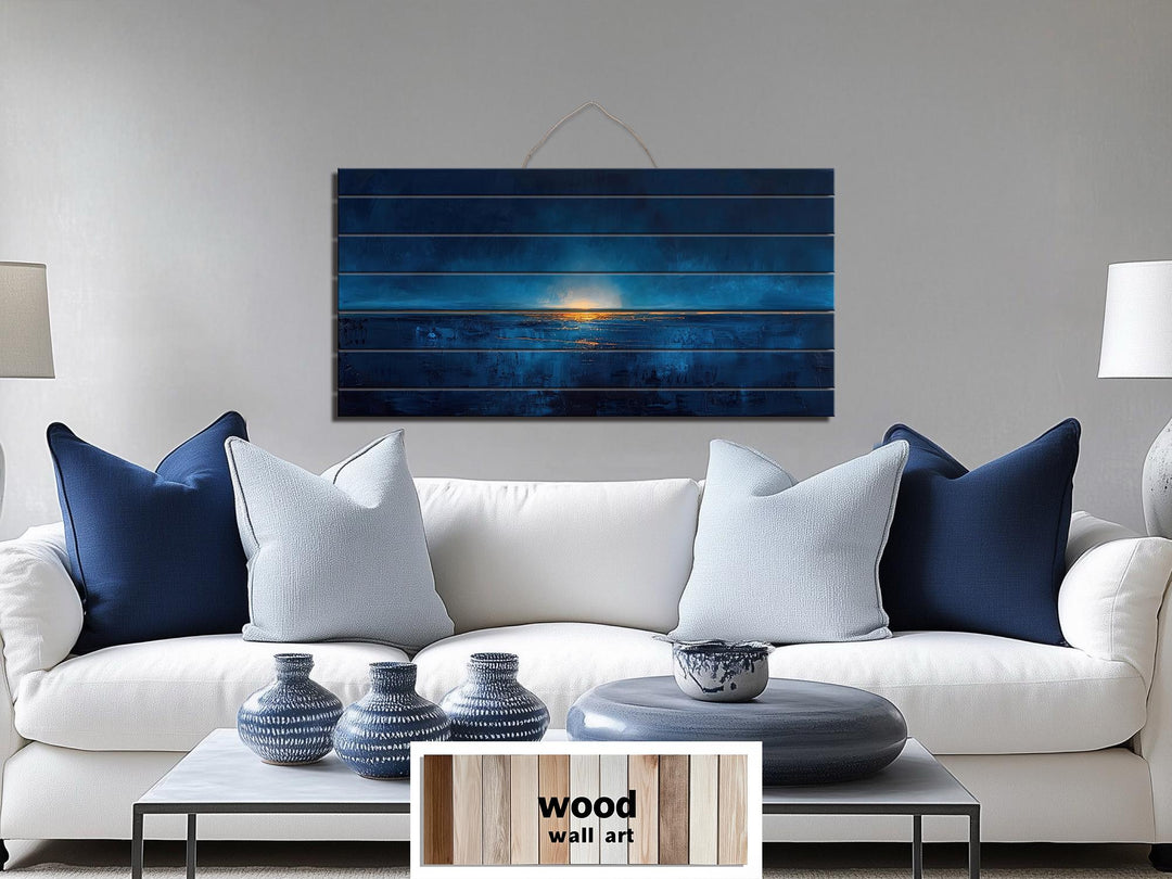 Navy Blue Gold Ocean Sunset Nautical Distressed Wood Wall Art