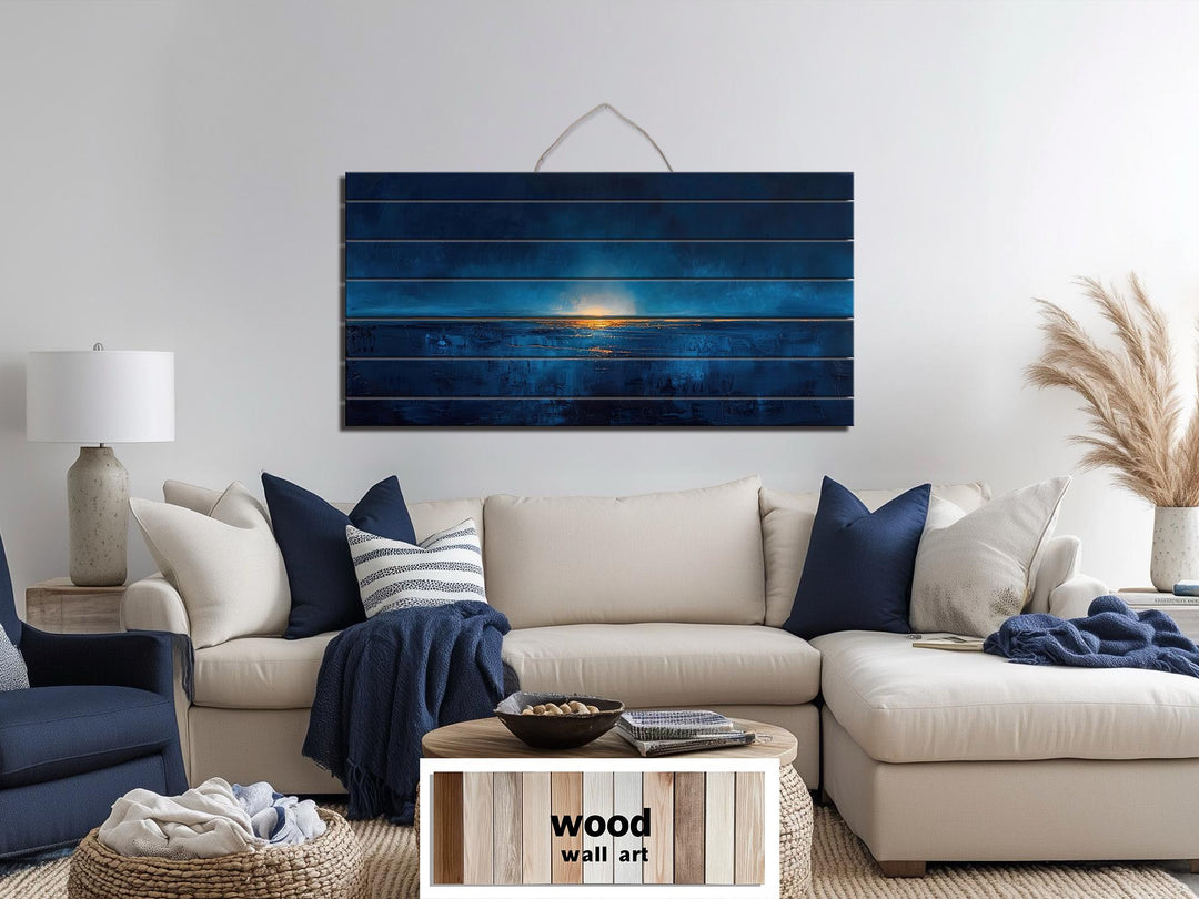Navy Blue Gold Ocean Sunset Nautical Distressed Wood Wall Art