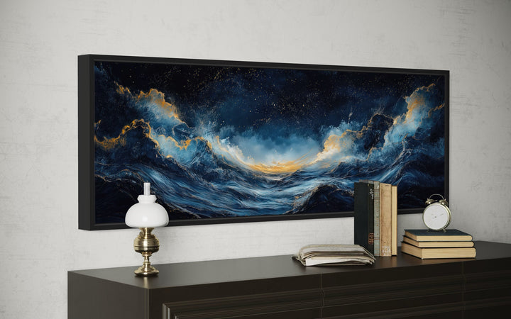 Navy Blue Gold Ocean Wave Horizontal Above Bed Canvas Wall Art