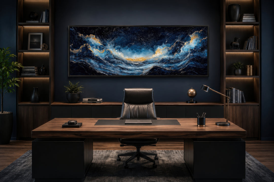 Navy blue and gold ocean wave horizontal canvas wall art hanging above a desk in a modern office.