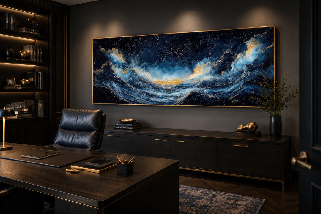 Navy blue and gold ocean wave horizontal canvas wall art in a dark, modern office setting.