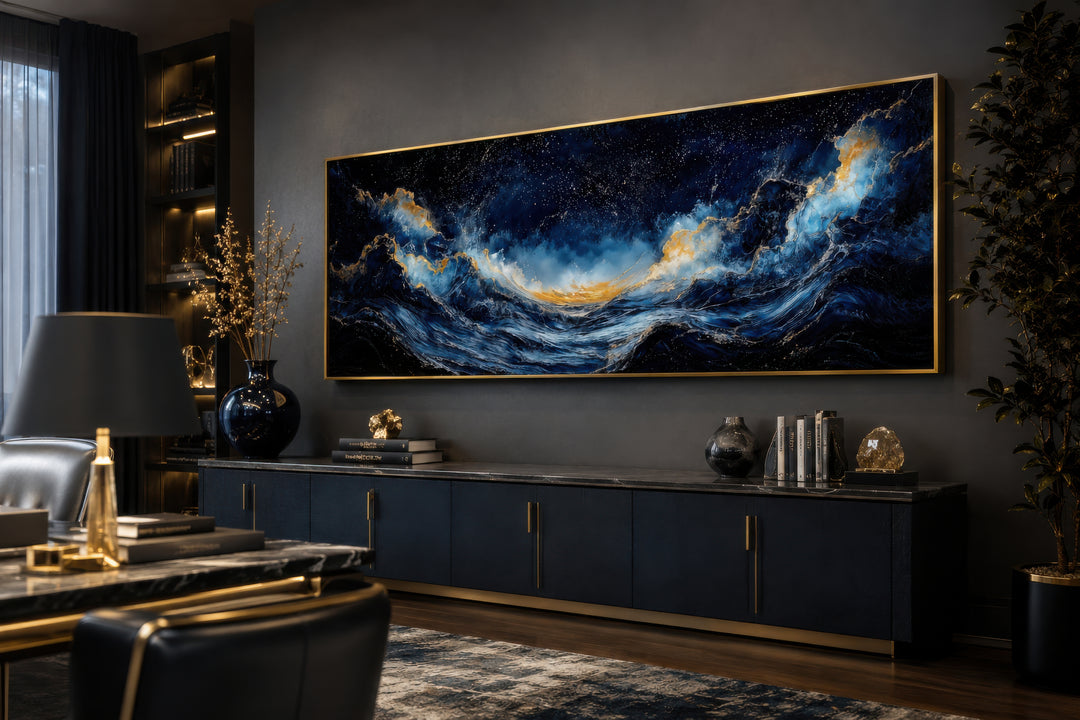 Navy blue and gold ocean wave horizontal canvas wall art in a gold frame above a dark blue sideboard.