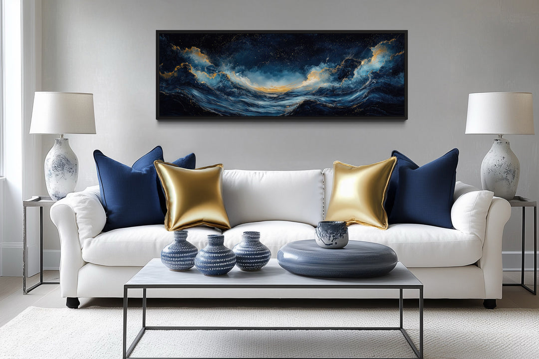 Navy Blue Gold Ocean Wave Horizontal Above Bed Canvas Wall Art