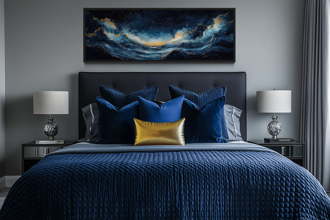 Navy Blue Gold Ocean Wave Horizontal Above Bed Canvas Wall Art