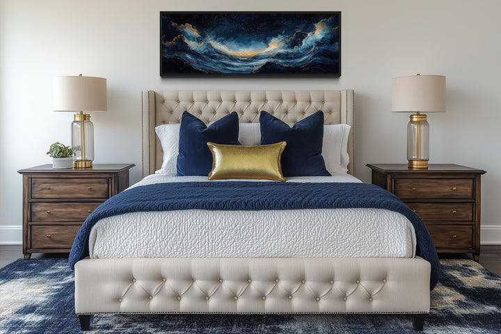 Navy Blue Gold Ocean Wave Horizontal Above Bed Canvas Wall Art