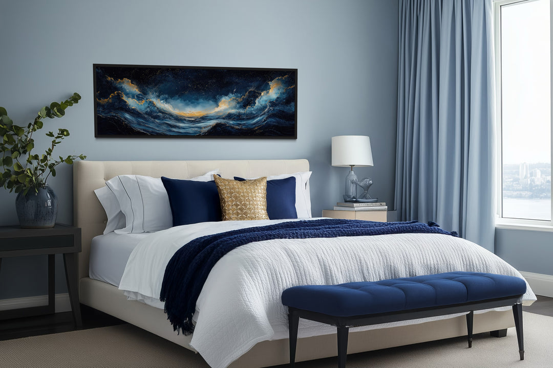 Navy Blue Gold Ocean Wave Horizontal Above Bed Canvas Wall Art