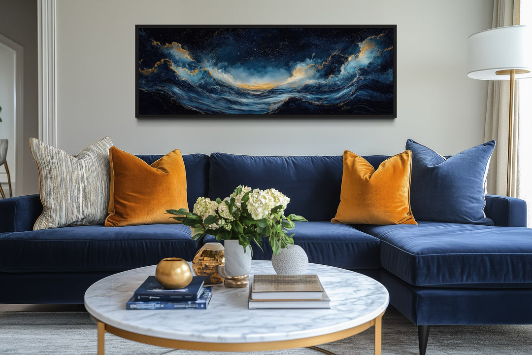 Navy Blue Gold Ocean Wave Horizontal Above Bed Canvas Wall Art