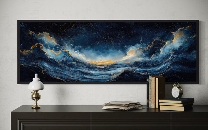 Navy Blue Gold Ocean Wave Horizontal Above Bed Canvas Wall Art