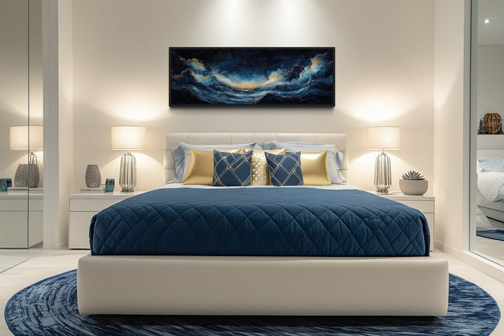 Navy Blue Gold Ocean Wave Horizontal Above Bed Canvas Wall Art