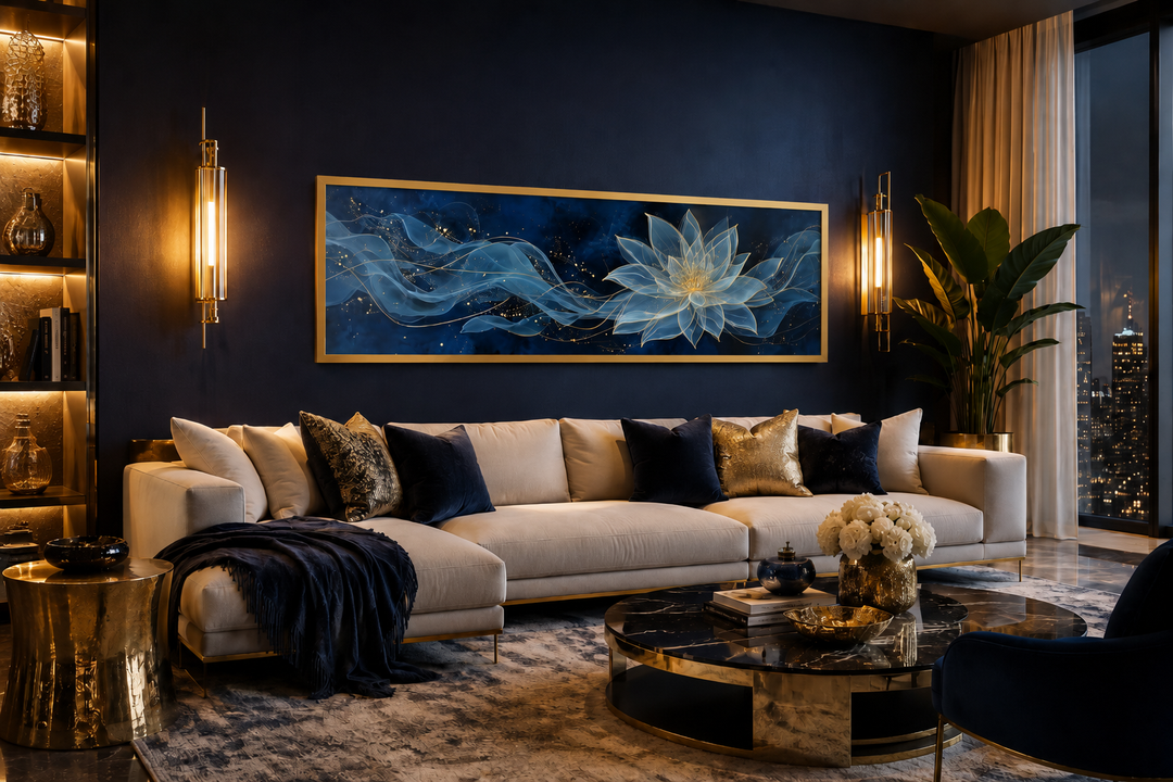 Navy blue and gold minimalist lotus flower canvas wall art hanging above a sofa in a modern room.