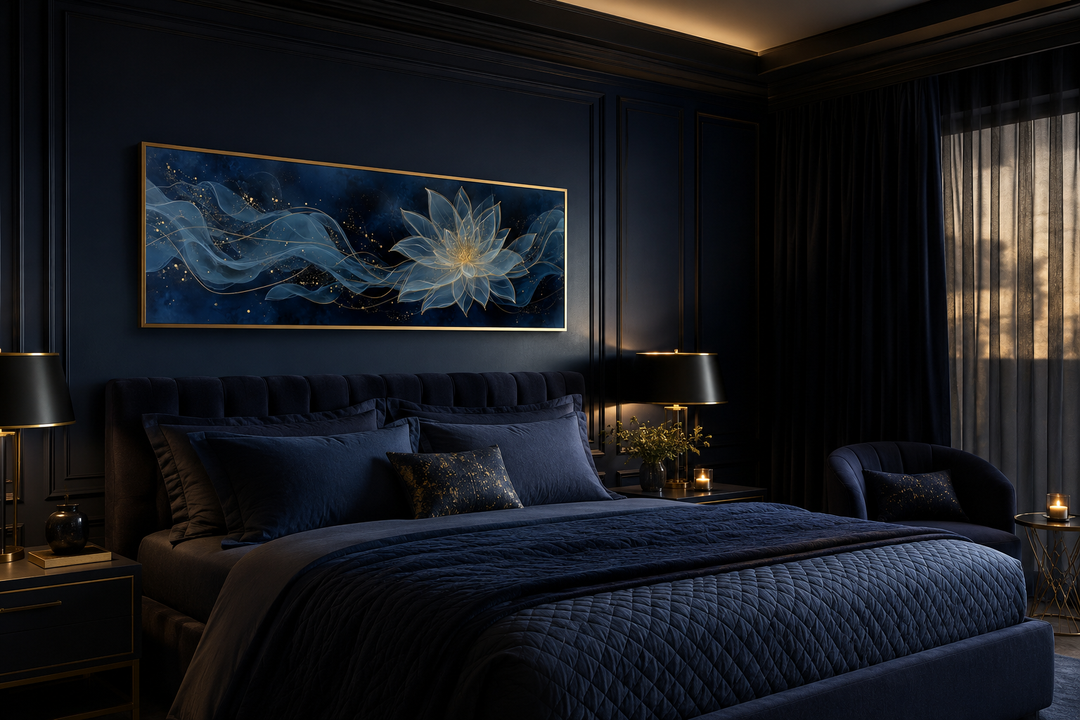 Navy blue and gold minimalist lotus flower canvas wall art hanging above a bed in a dark bedroom.