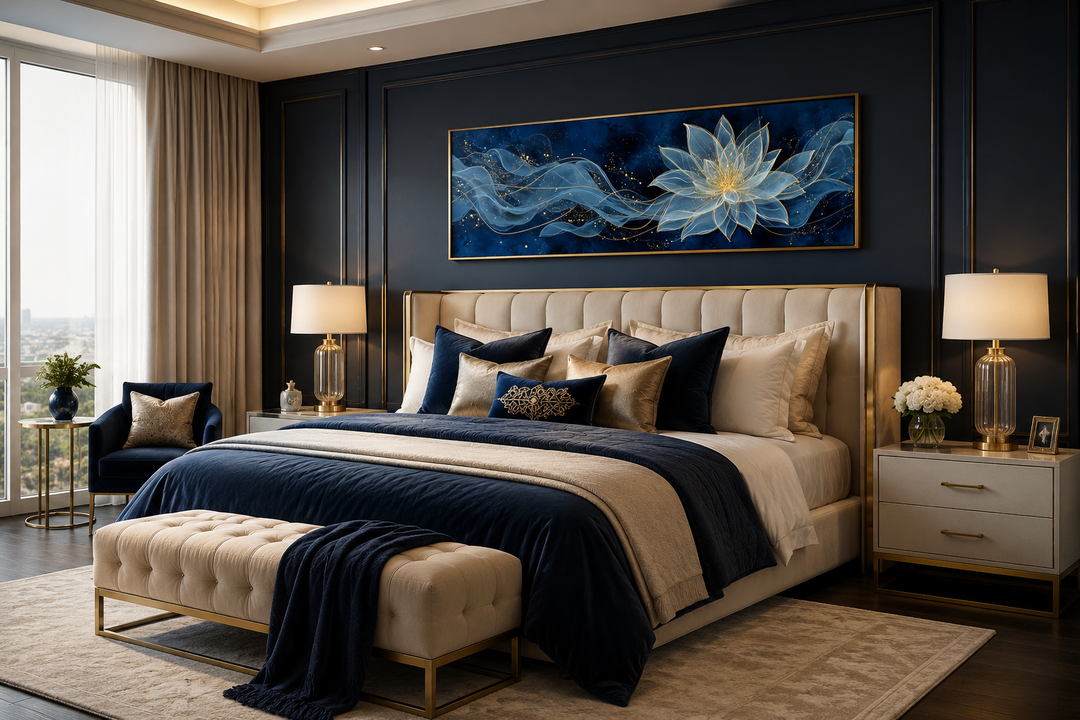 Navy blue and gold minimalist lotus flower canvas wall art hanging above a bed in a modern bedroom.