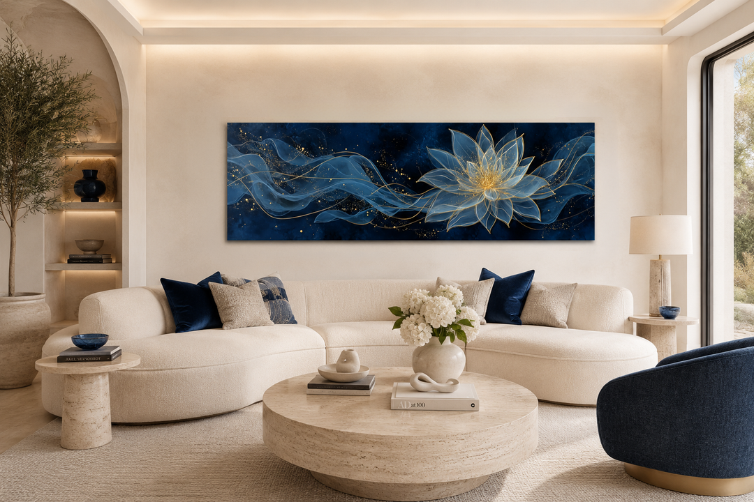 Navy blue and gold minimalist lotus flower canvas wall art above a white curved sofa.